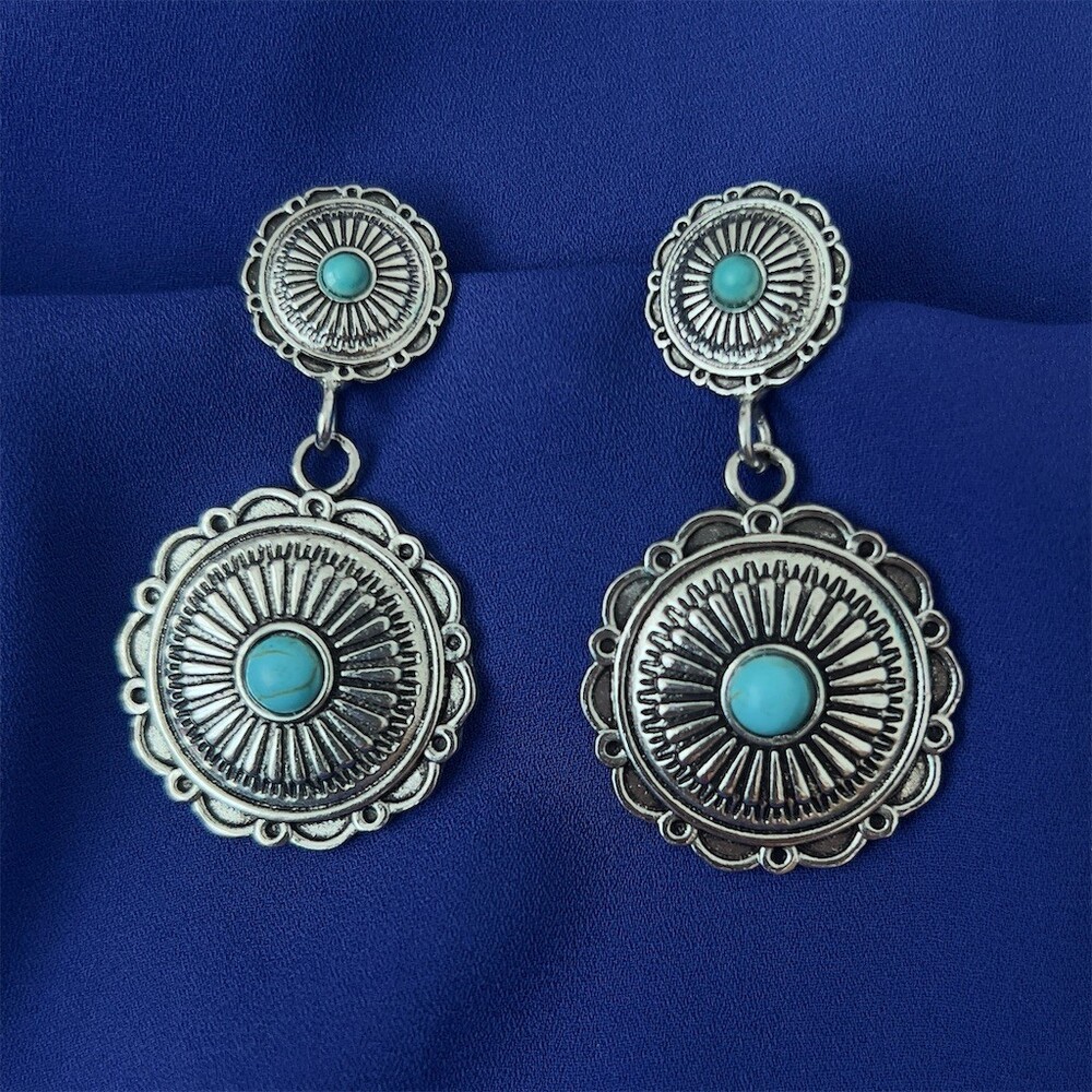 Vintage Western Double Concho Turquoise Dangle Earrings Silver Tone Pierced